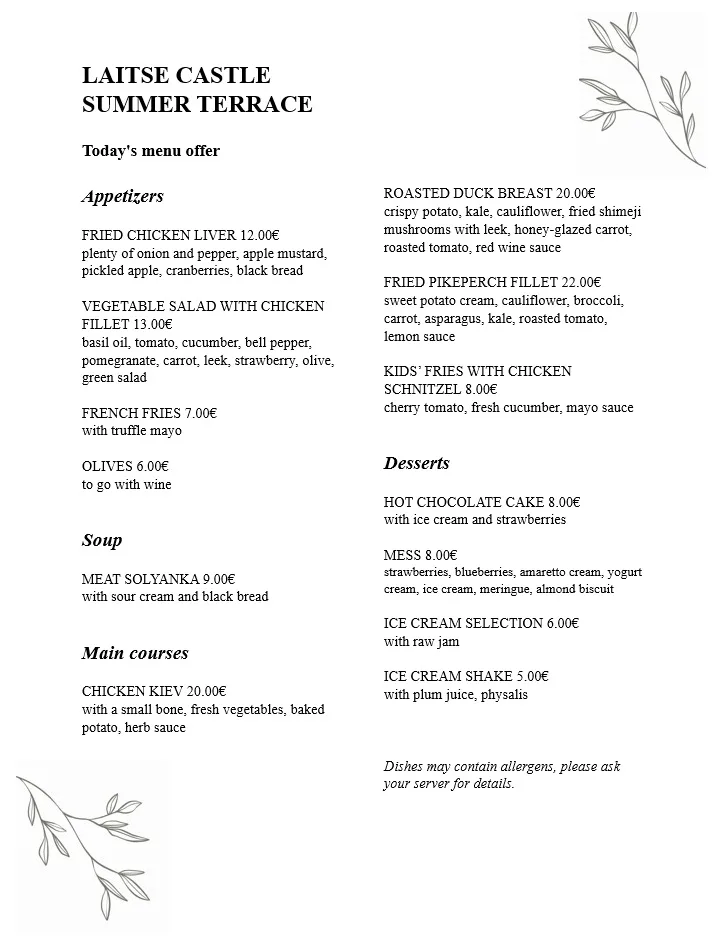 Laitse Castle summer terrace café menu